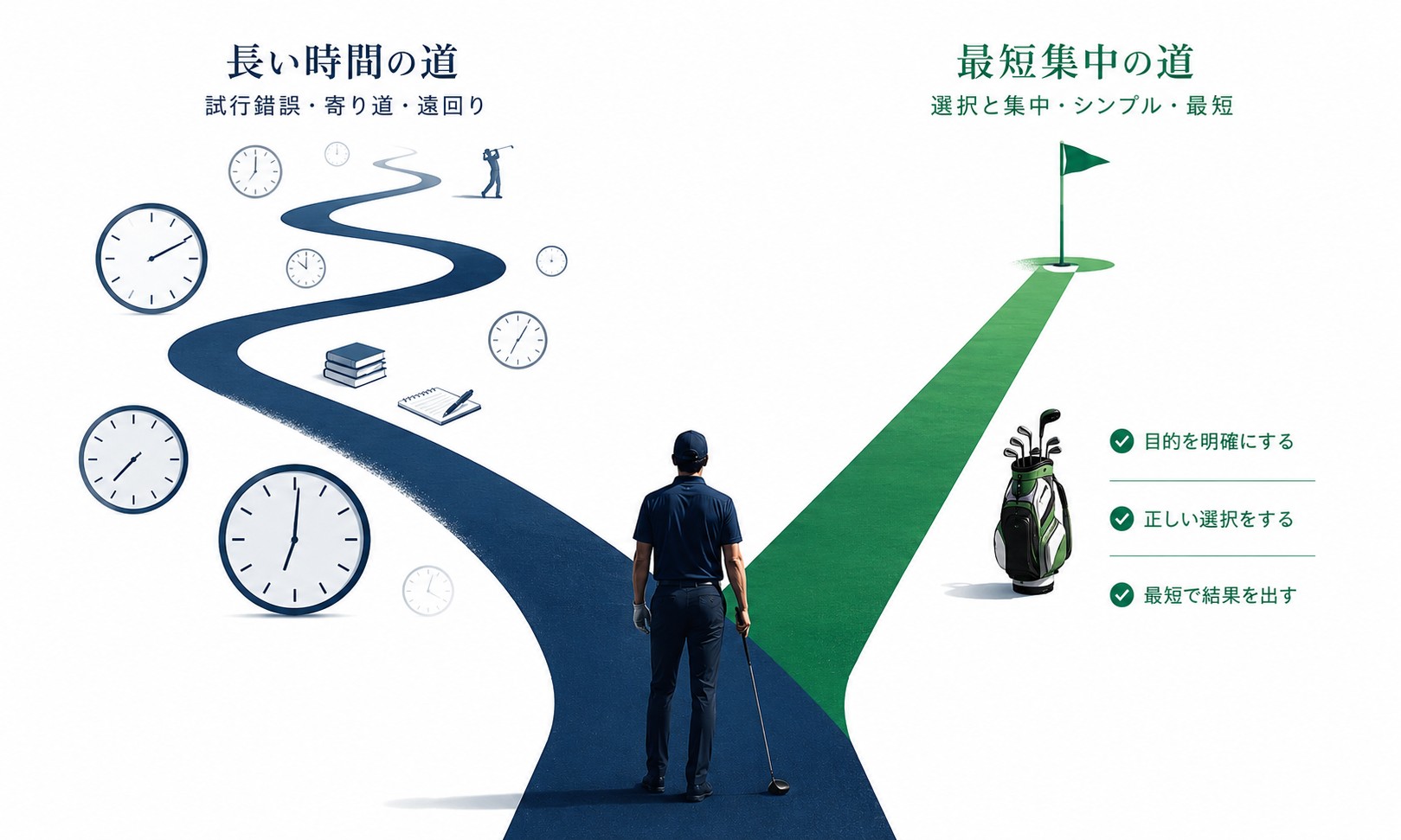 ゴルフ上達の2つの道、長い独学と最短集中の分岐インフォグラフィック