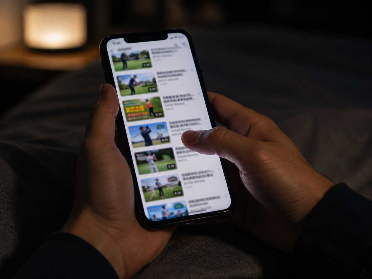 夜にスマホでゴルフレッスン動画のサムネイルをスクロールする手元