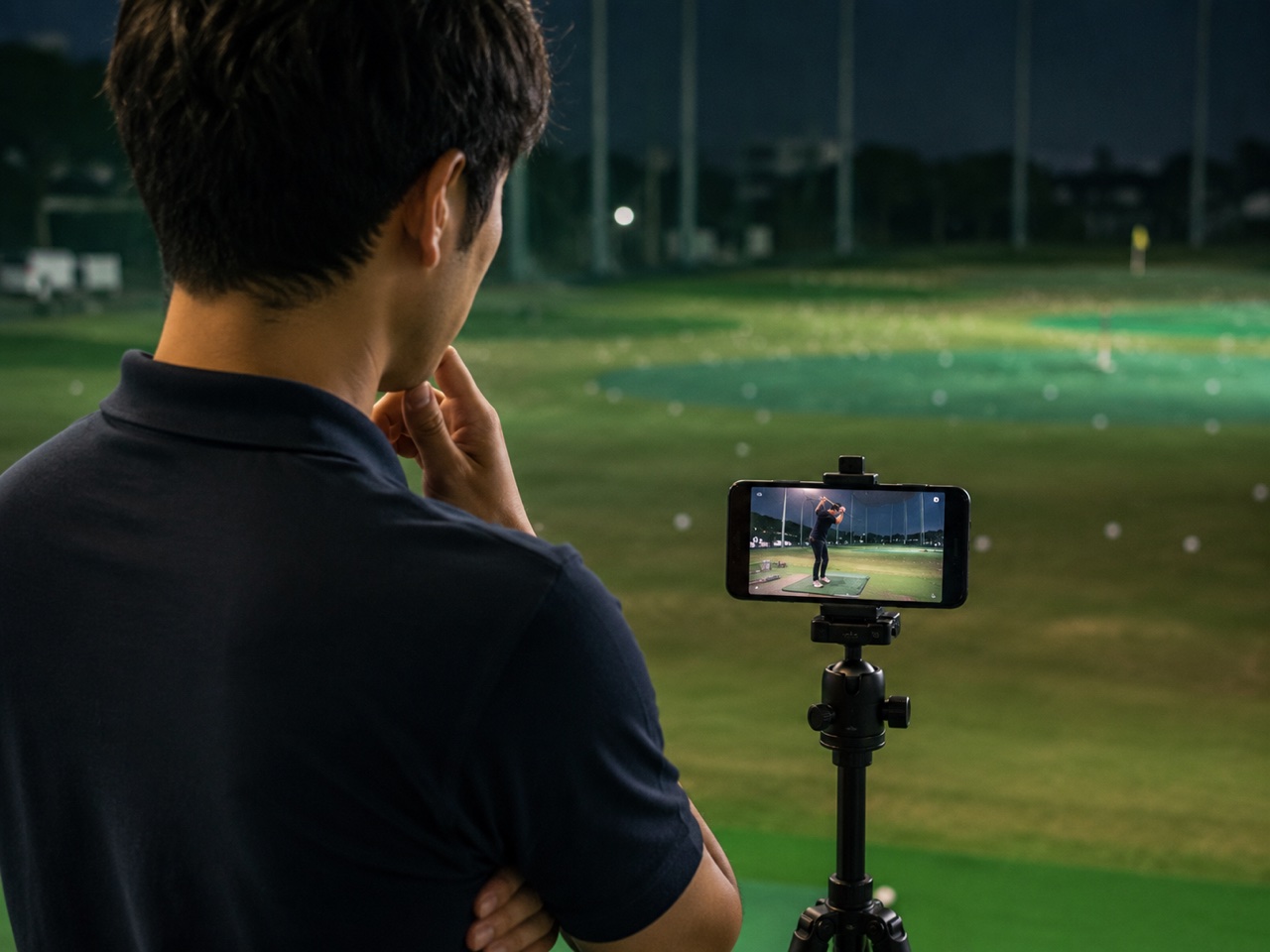 ゴルフ練習場で三脚のスマホに映る自分のスイング動画を見つめるゴルファー