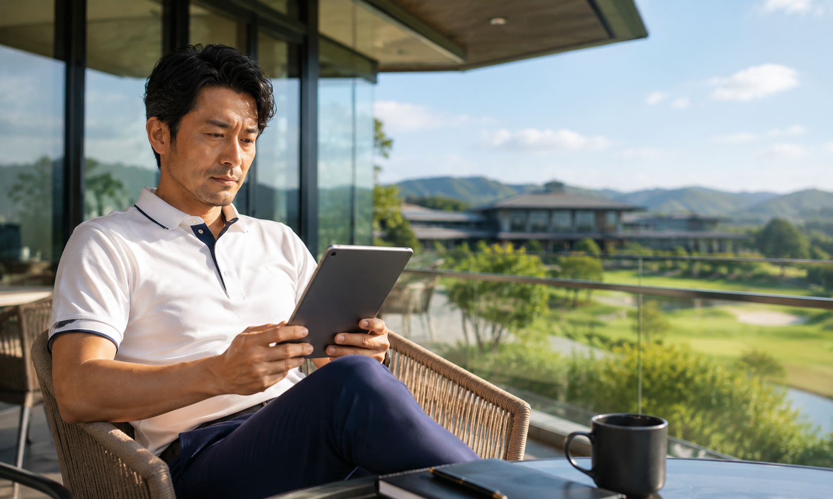 クラブハウステラスでタブレットでライザップゴルフの料金プランを確認する男性ゴルファー