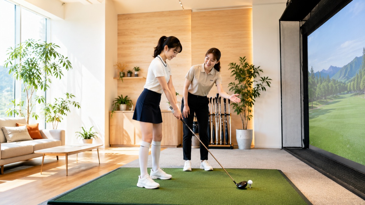 明るいインドアゴルフスタジオで初心者がインストラクターとレッスンを楽しむ様子