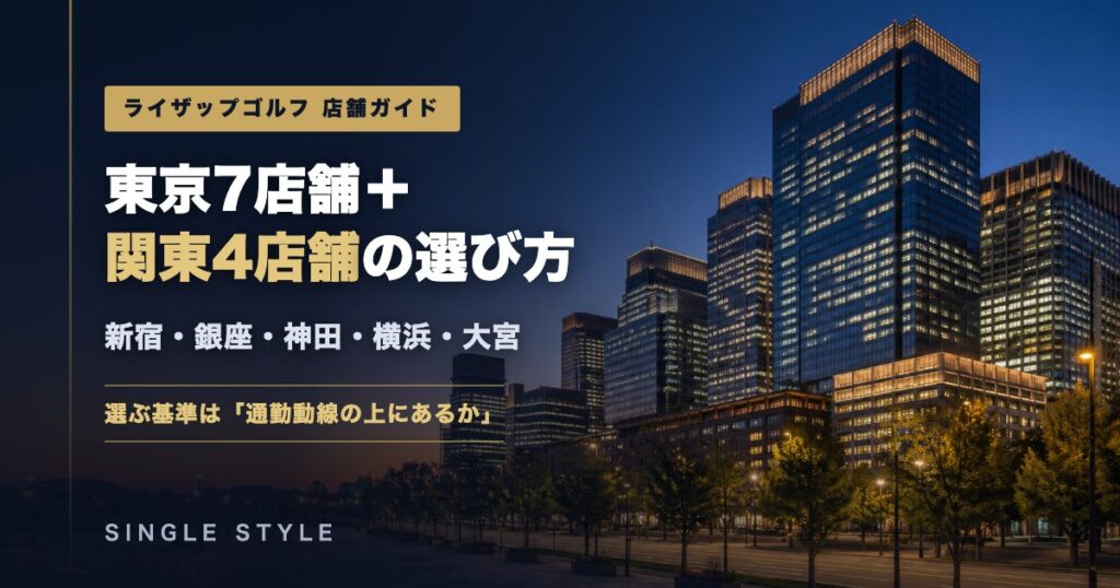 夕暮れの都心オフィス街を背景に「東京7店舗＋関東4店舗の選び方」と記したライザップゴルフ店舗ガイドのアイキャッチ