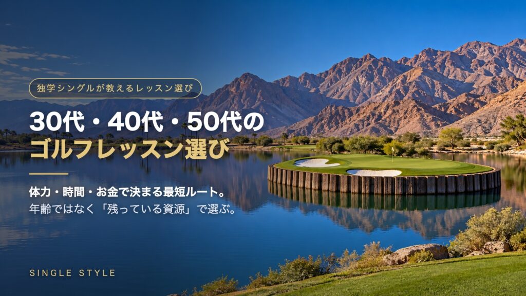 30代・40代・50代のゴルフレッスン選び｜枕木に囲まれたアイランドグリーンと砂漠の岩山（ピート・ダイ スタジアムコース17番風・AI生成画像）