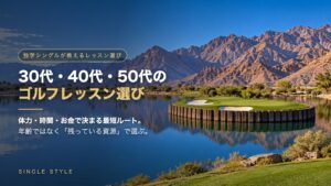 30代・40代・50代のゴルフレッスン選び｜枕木に囲まれたアイランドグリーンと砂漠の岩山（ピート・ダイ スタジアムコース17番風・AI生成画像）